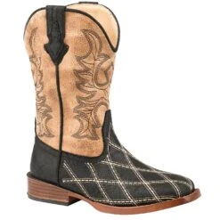 Roper Footwear Kids Black Vamp Tan Shaft Cross Cut Embroidered Boot