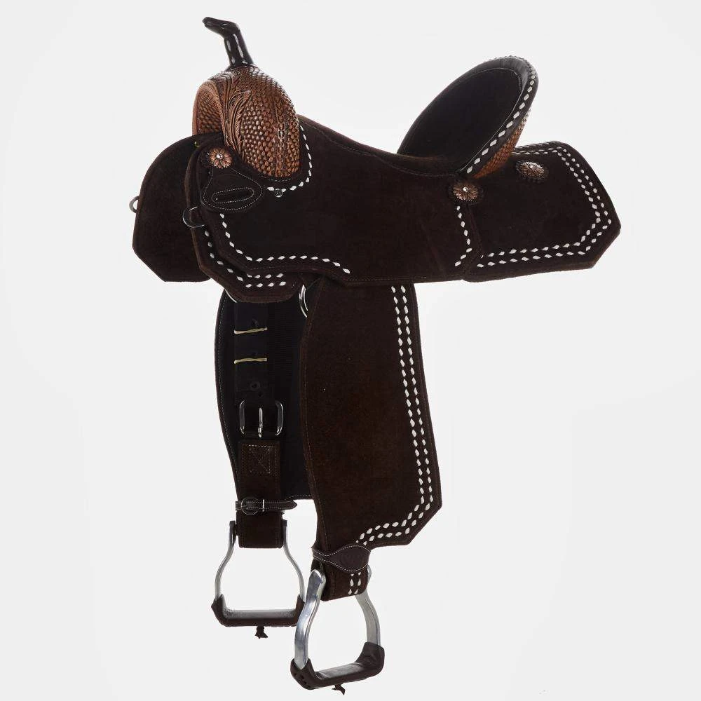 Tomahawk Chocolate Roughout 14 1/2 Inch Barrel Saddle With Tooling And White Buckstitch 3 Tomahawk Chocolate Roughout 14 1/2 Inch Barrel Saddle With Tooling And White Buckstitch
