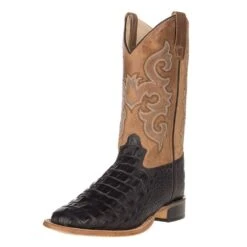 Old West Boys Youth Old West Black Horn Back Gator Tan Fry Cowboy Boots